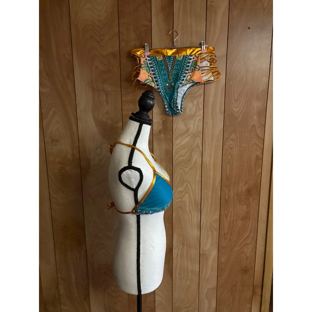 Zando Dashiki Print Strappy Bikini Set Metallic Gold Trim Teal Orange 3XL